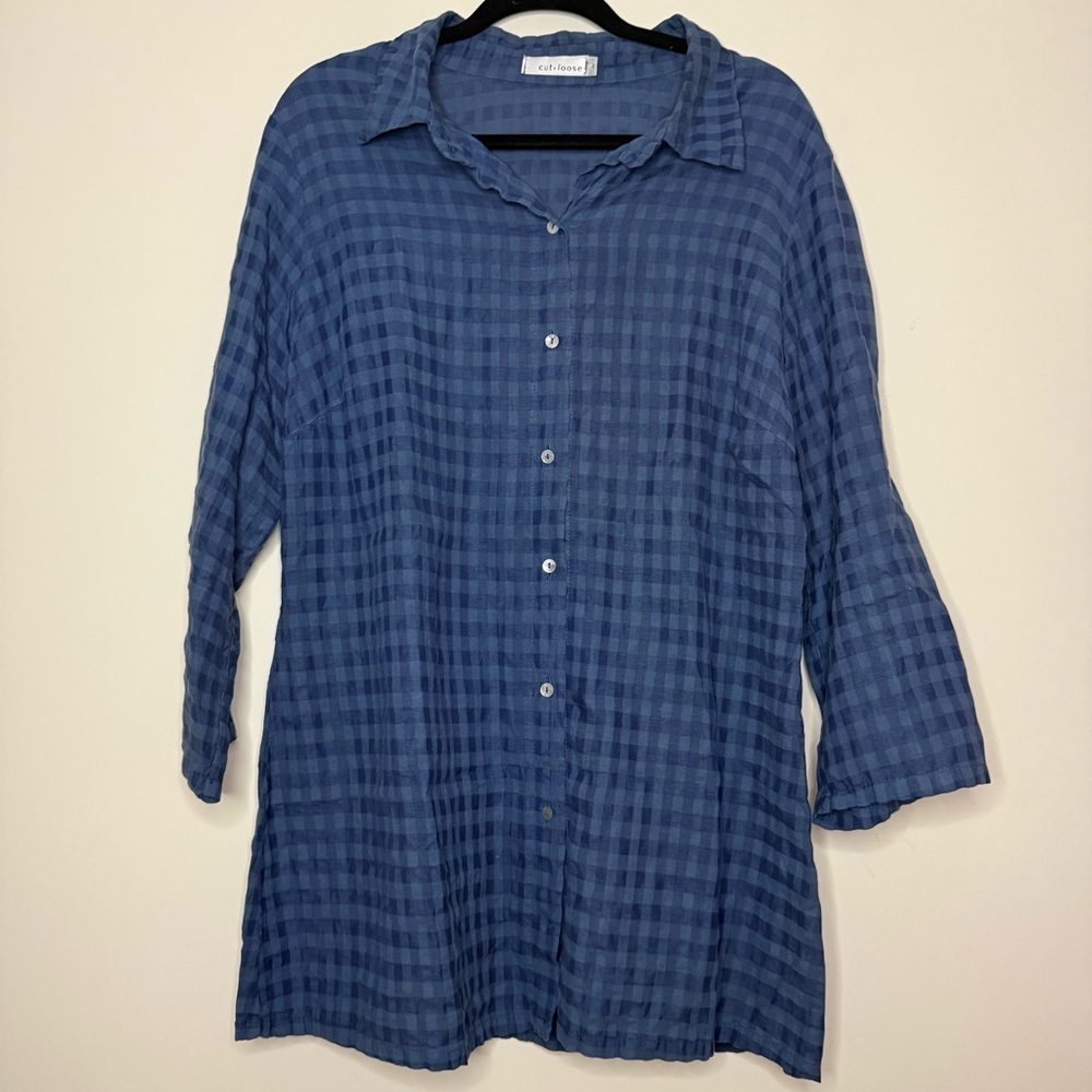 CUT LOOSE Lagenlook Linen Blend Blue Gingham Semi Sheer Buttondown Tunic Top